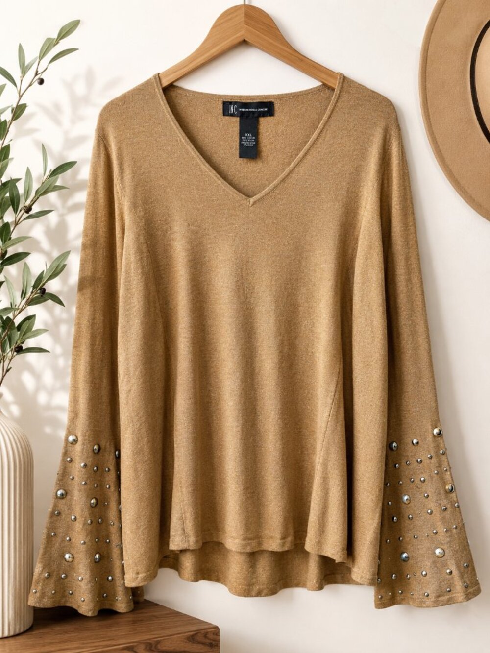 INC International Concepts Sweater Womens XXL Tan Embellished Bell Sleeve V Neck